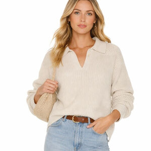 Aerie Cream Ribbed Collared Sweater Medium Soft Knit Coastal Quiet Luxury